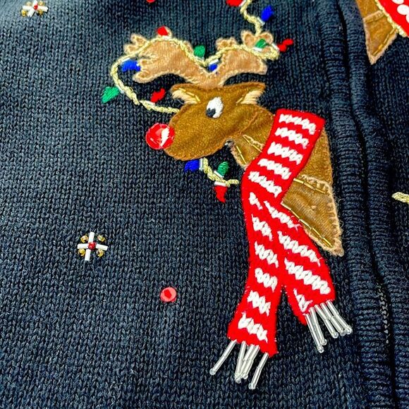 Vintage Christmas Reindeer Sweater Party Embellished Zip Front Cardigan Size S - Picture 5 of 12